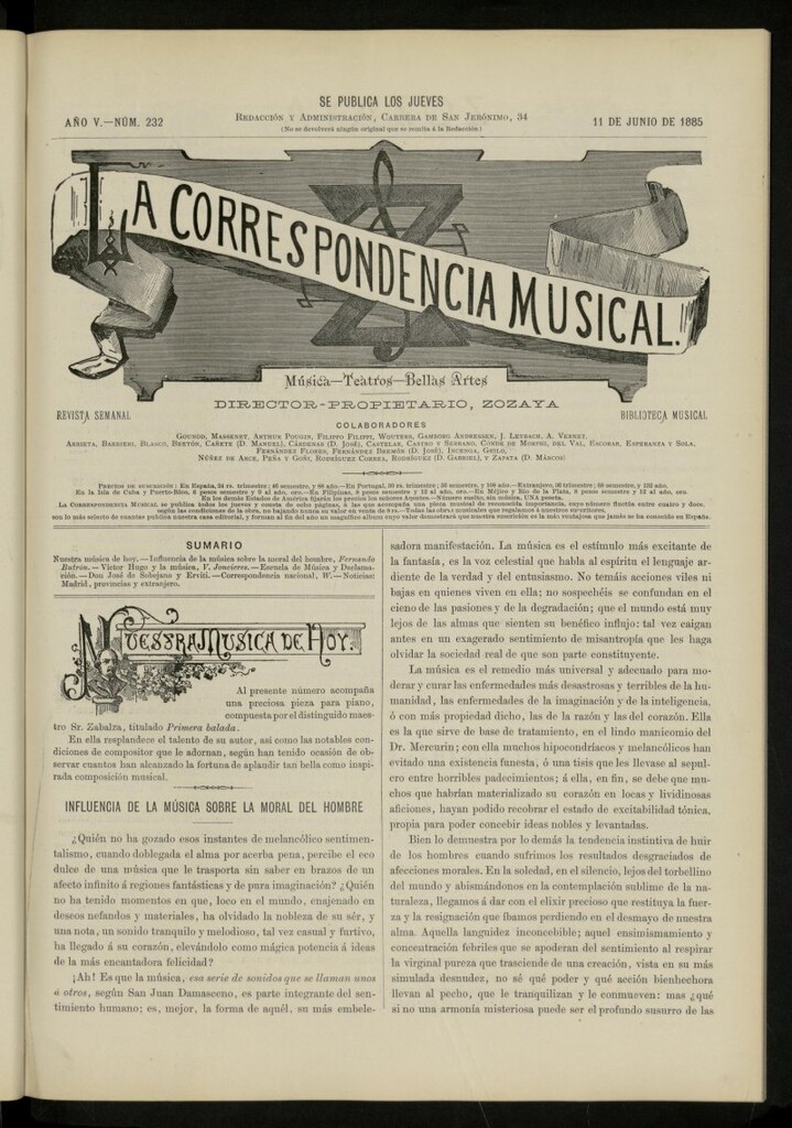 Miniatura de La Correspondencia musical : música, teatros, bellas artes, de 11 de junio de 1885, nº 232