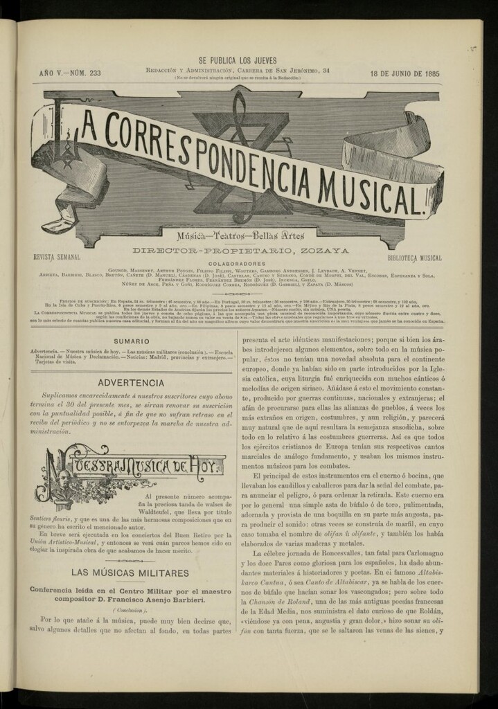 Miniatura de La Correspondencia musical : música, teatros, bellas artes, de 18 de junio de 1885, nº 233