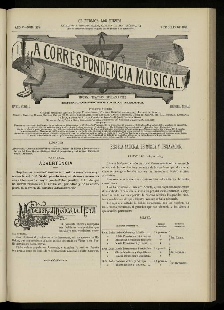 Miniatura de La Correspondencia musical : música, teatros, bellas artes, de 2 de julio de 1885, nº 235