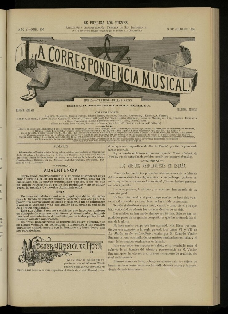 Miniatura de La Correspondencia musical : música, teatros, bellas artes, de 9 de julio de 1885, nº 236