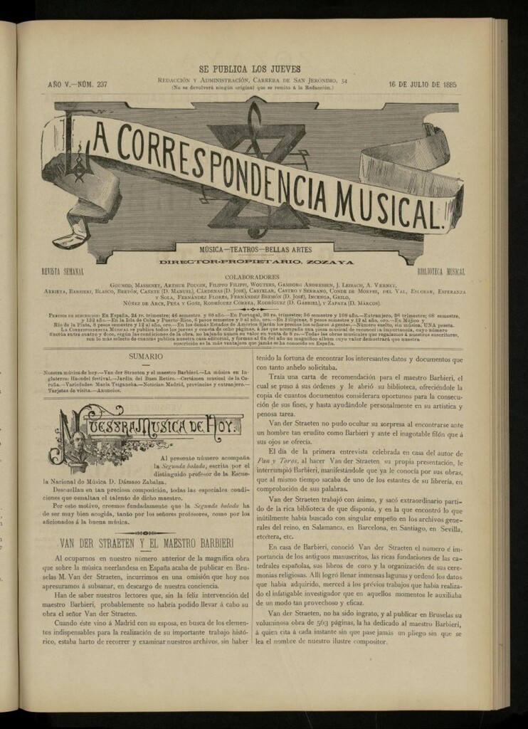 Miniatura de La Correspondencia musical : música, teatros, bellas artes, de 16 de julio de 1885, nº 237