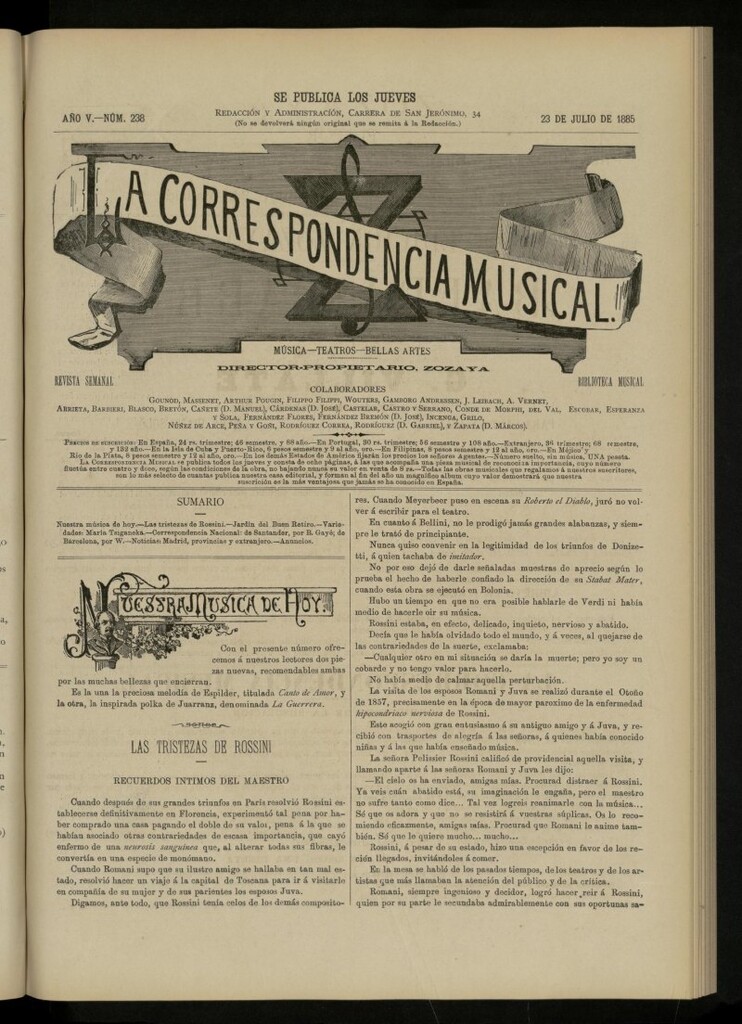 Miniatura de La Correspondencia musical : música, teatros, bellas artes, de 23 de julio de 1885, nº 238
