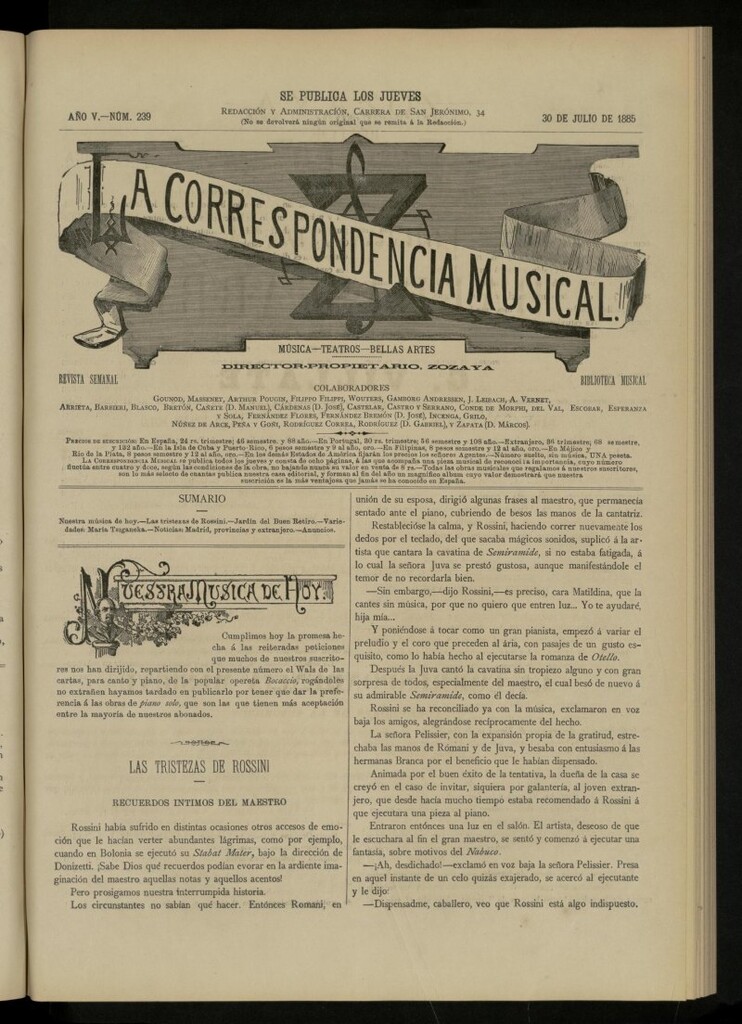 Miniatura de La Correspondencia musical : música, teatros, bellas artes, de 30 de julio de 1885, nº 239