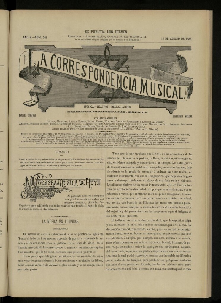 Miniatura de La Correspondencia musical : música, teatros, bellas artes, de 13 de agosto de 1885, nº 241