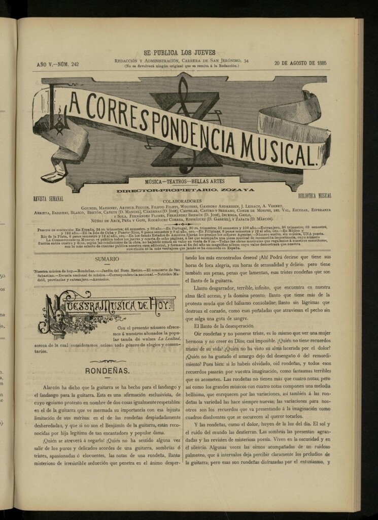 Miniatura de La Correspondencia musical : música, teatros, bellas artes, de 20 de agosto de 1885, nº 242