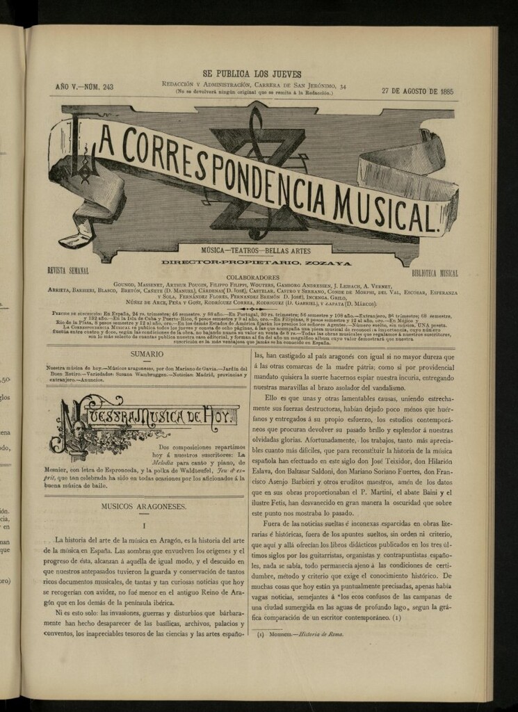Miniatura de La Correspondencia musical : música, teatros, bellas artes, de 27 de agosto de 1885, nº 243