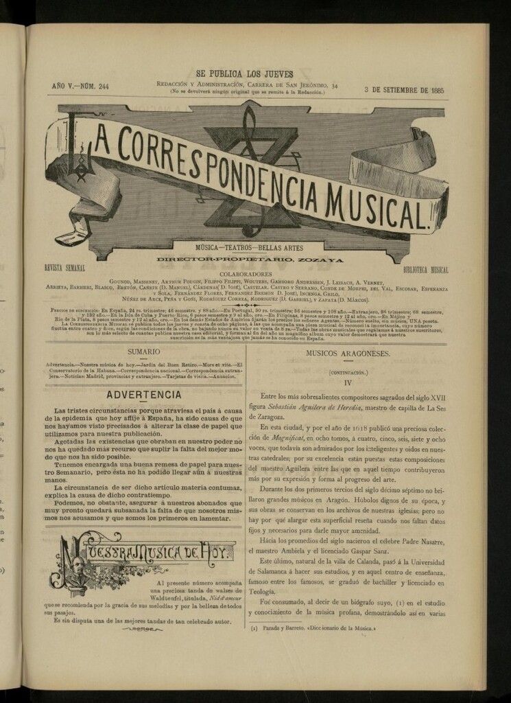 Miniatura de La Correspondencia musical : música, teatros, bellas artes, de 3 de septiembre de 1885, nº 244
