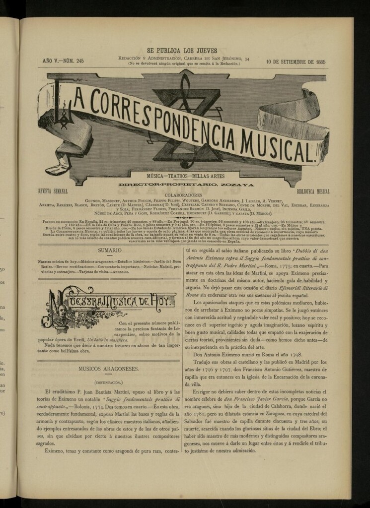 Miniatura de La Correspondencia musical : música, teatros, bellas artes, de 10 de septiembre de 1885, nº 245