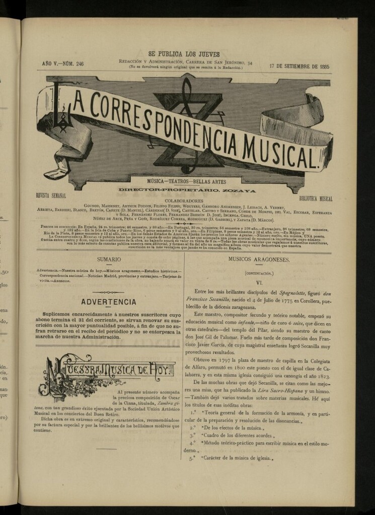 Miniatura de La Correspondencia musical : música, teatros, bellas artes, de 17 de septiembre de 1885, nº 246