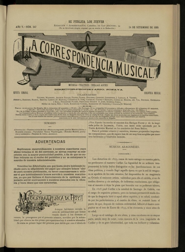 Miniatura de La Correspondencia musical : música, teatros, bellas artes, de 24 de septiembre de 1885, nº 247