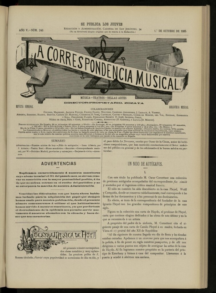 Miniatura de La Correspondencia musical : música, teatros, bellas artes, de 1 de octubre de 1885, nº 248