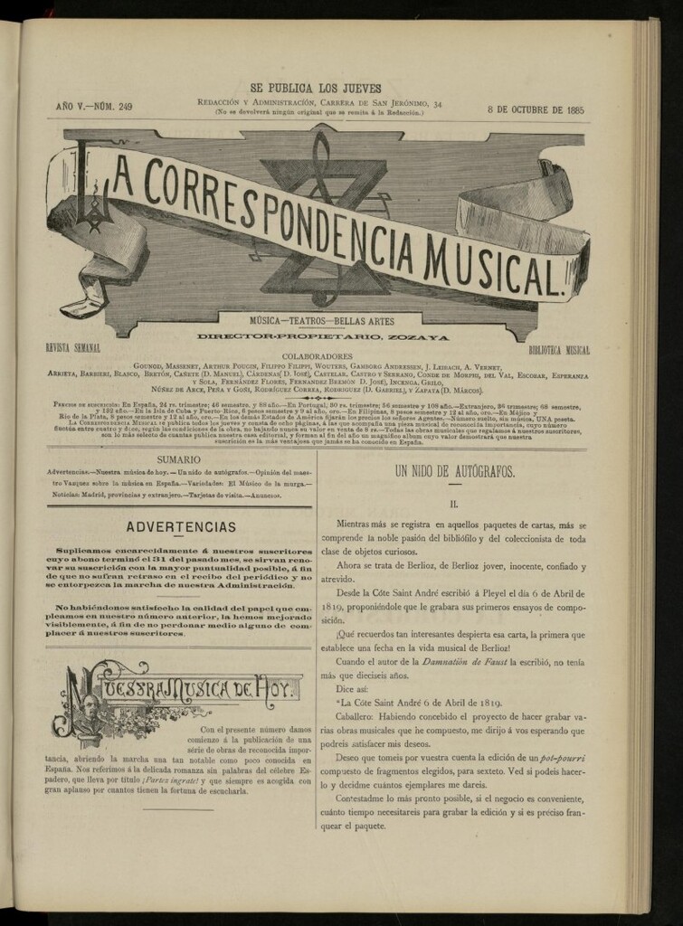 Miniatura de La Correspondencia musical : música, teatros, bellas artes, de 8 de octubre de 1885, nº 249