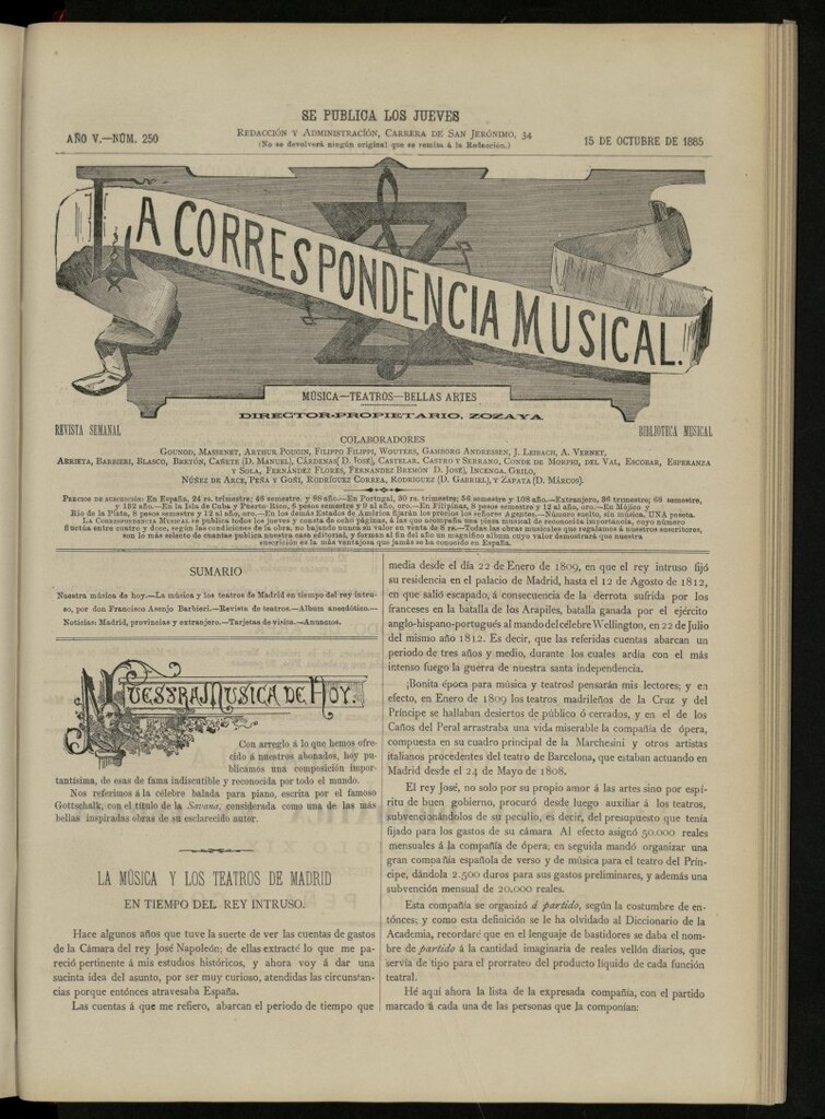 Miniatura de La Correspondencia musical : música, teatros, bellas artes, de 15 de octubre de 1885, nº 250
