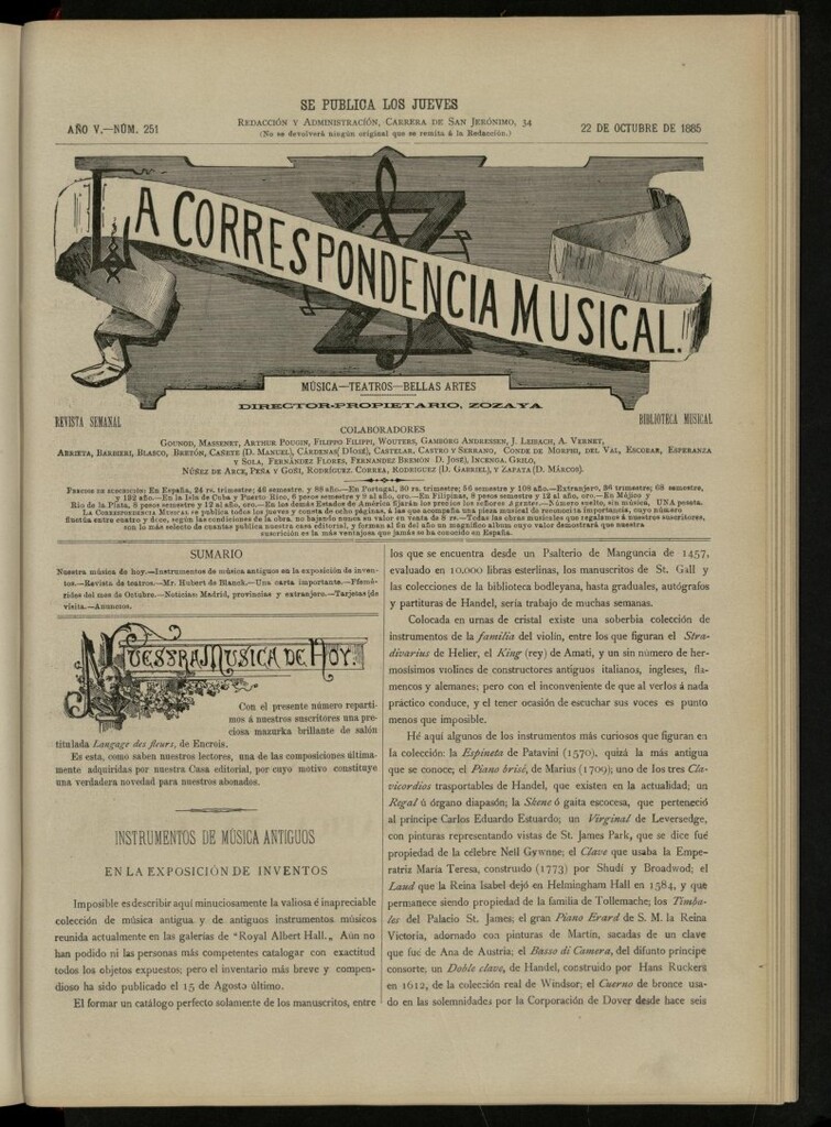 Miniatura de La Correspondencia musical : música, teatros, bellas artes, de 22 de octubre de 1885, nº 251