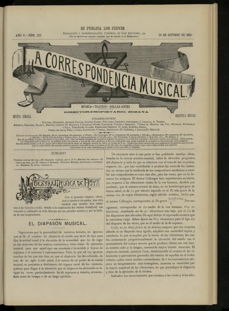 Miniatura de La Correspondencia musical : música, teatros, bellas artes, de 29 de octubre de 1885, nº 252