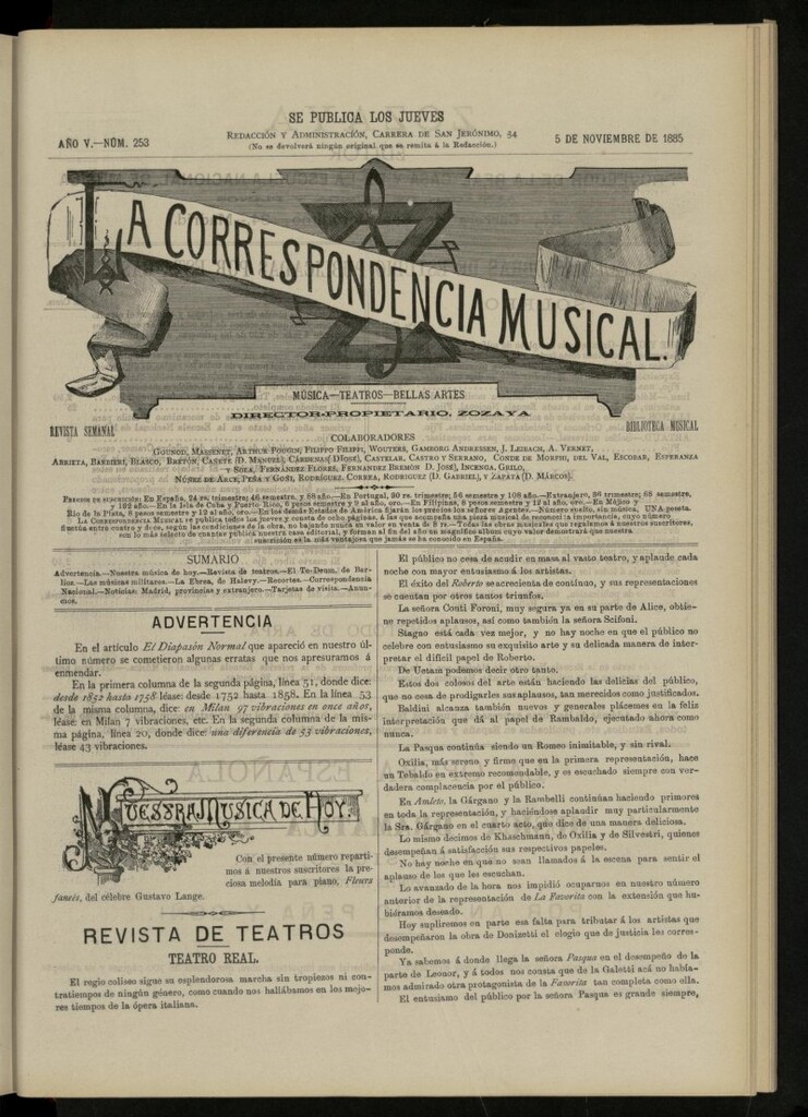 Miniatura de La Correspondencia musical : música, teatros, bellas artes, de 6 de noviembre de 1885, nº 253