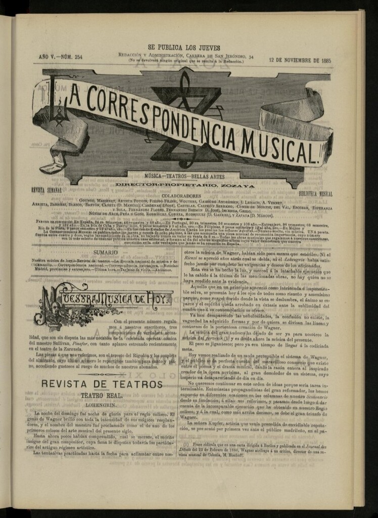 Miniatura de La Correspondencia musical : música, teatros, bellas artes, de 12 de noviembre de 1885, nº 254
