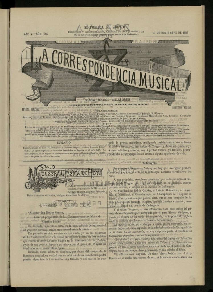 Miniatura de La Correspondencia musical : música, teatros, bellas artes, de 19 de noviembre de 1885, nº 255