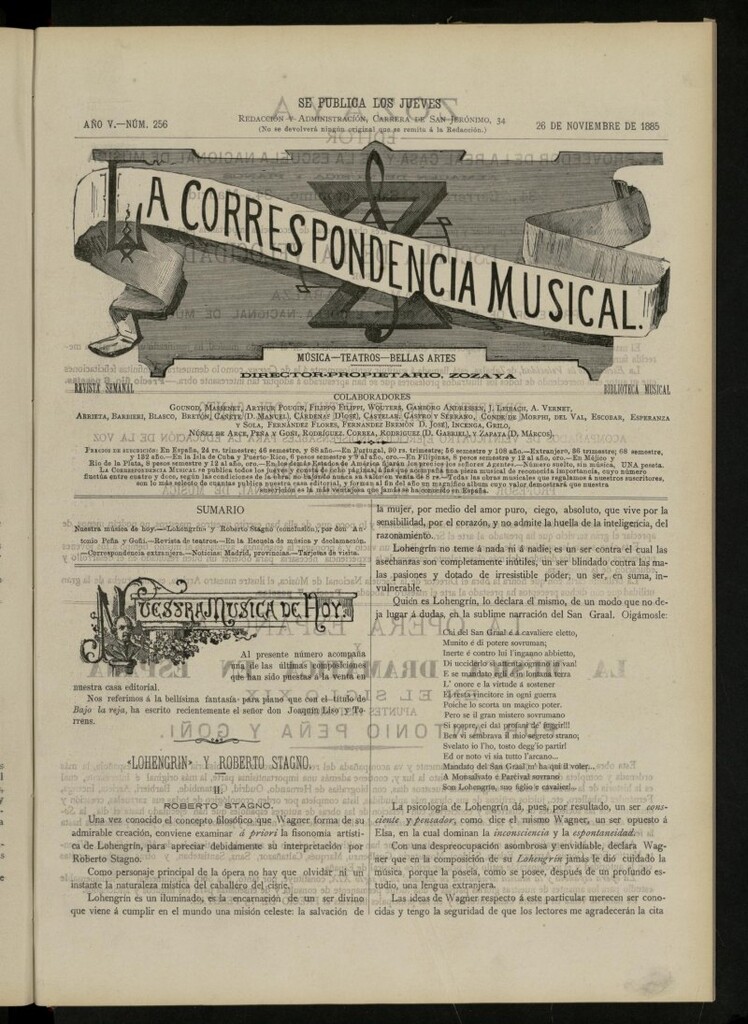 Miniatura de La Correspondencia musical : música, teatros, bellas artes, de 26 de noviembre de 1885, nº 256