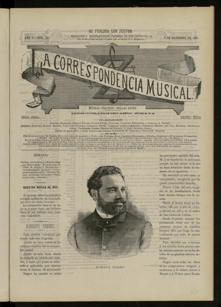 Miniatura de La Correspondencia musical : música, teatros, bellas artes, de 3 de diciembre de 1885, nº 257