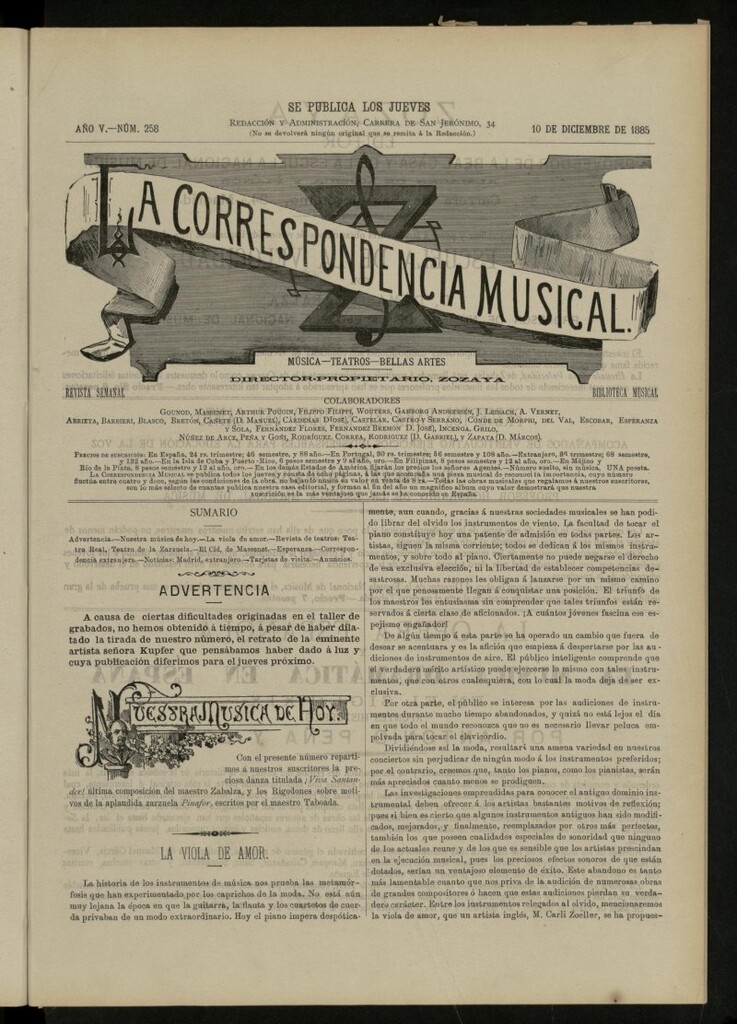 Miniatura de La Correspondencia musical : música, teatros, bellas artes, de 10 de diciembre de 1885, nº 258