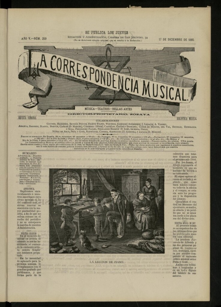 Miniatura de La Correspondencia musical : música, teatros, bellas artes, de 17 de diciembre de 1885, nº 259