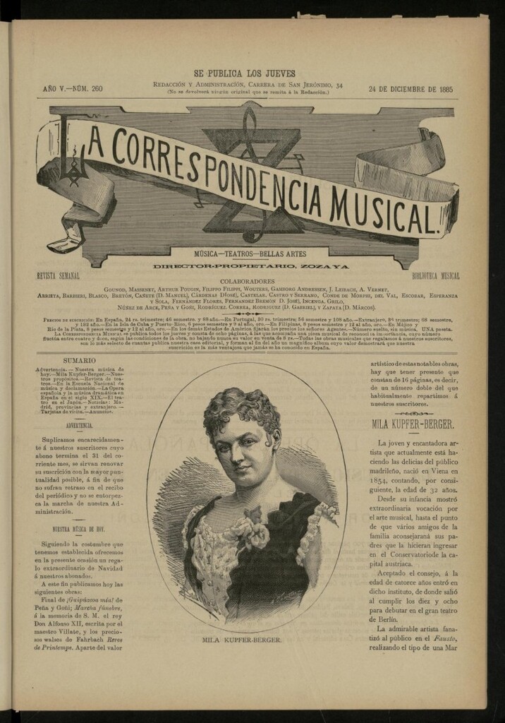 Miniatura de La Correspondencia musical : música, teatros, bellas artes, de 24 de diciembre de 1885, nº 260