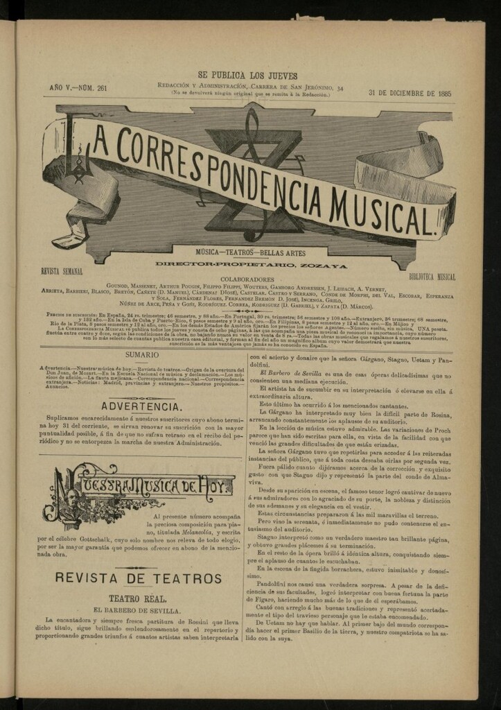 Miniatura de La Correspondencia musical : música, teatros, bellas artes, de 31 de diciembre de 1885, nº 261
