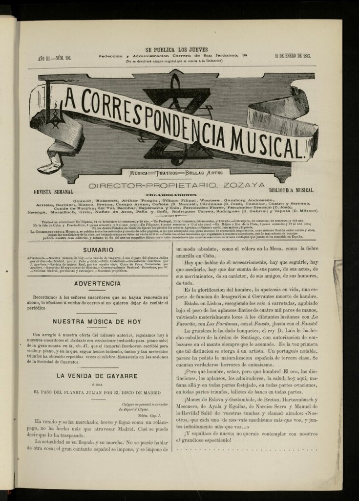 Miniatura de La Correspondencia musical : música, teatros, bellas artes, de 11 de enero de 1883, nº 106