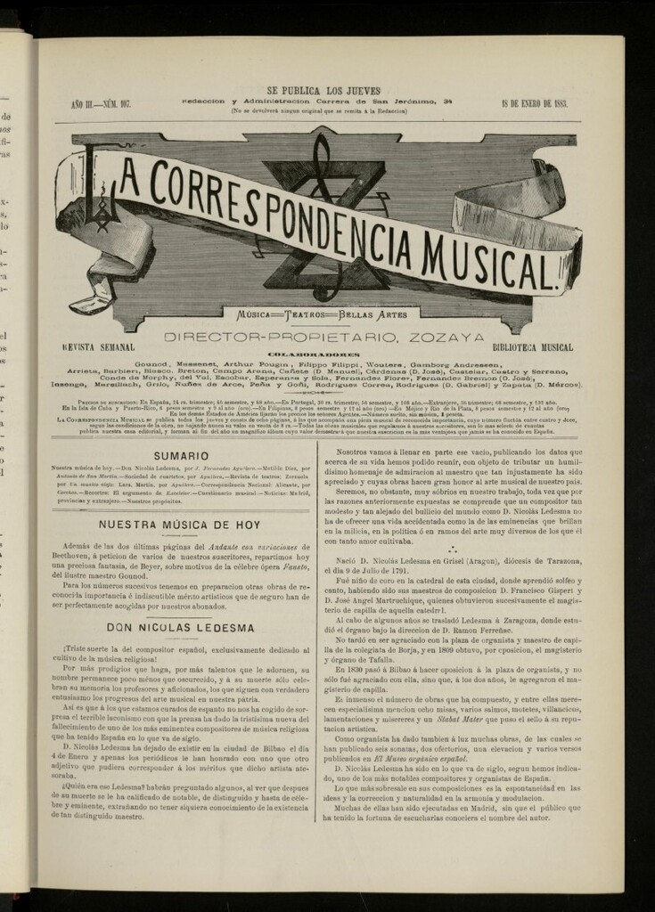 Miniatura de La Correspondencia musical : música, teatros, bellas artes, de 18 de enero de 1883, nº 107