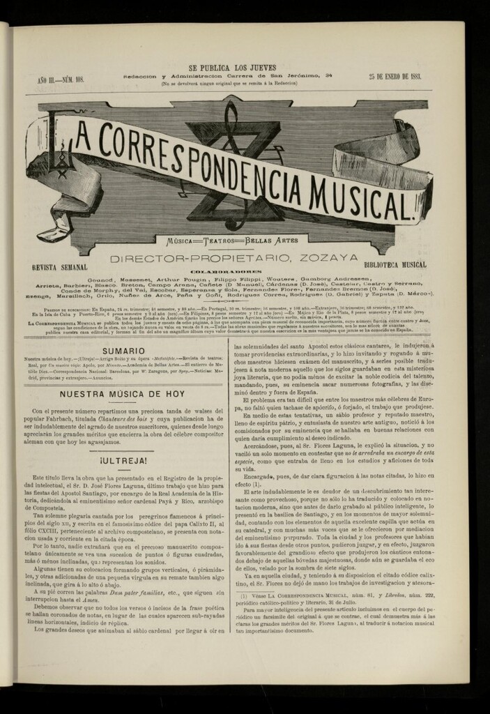 Miniatura de La Correspondencia musical : música, teatros, bellas artes, de 25 de enero de 1883, nº 108
