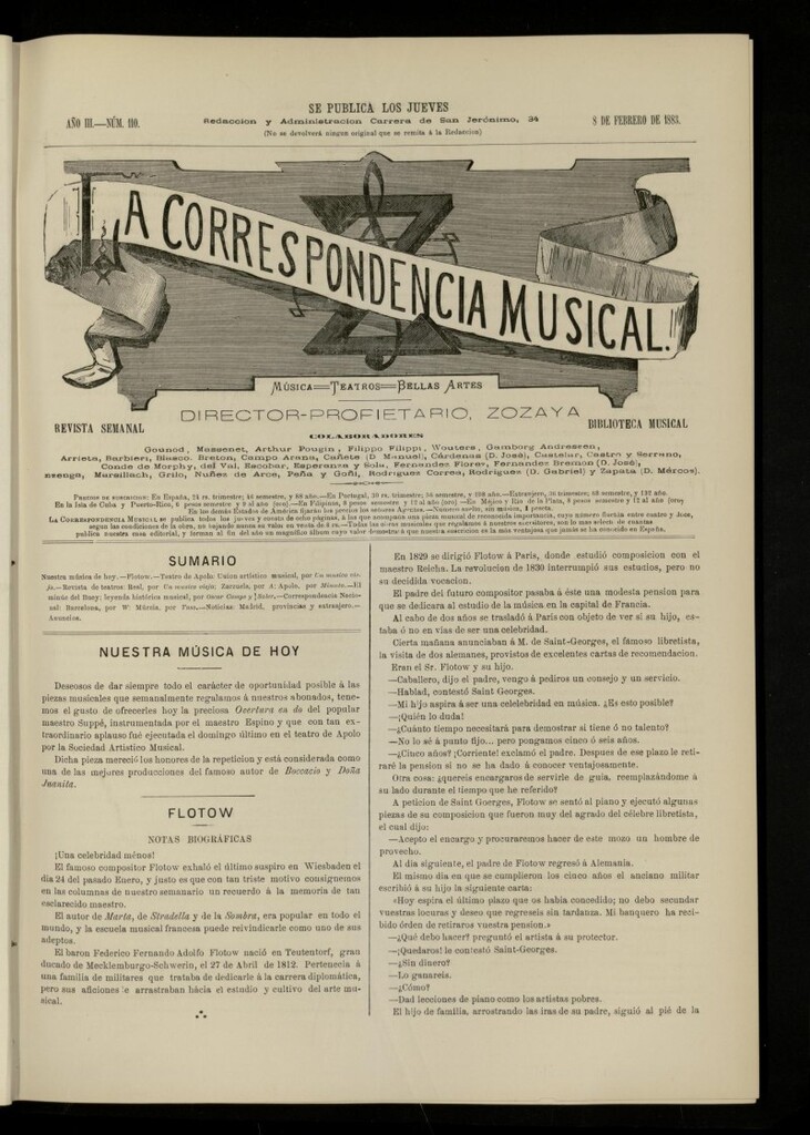 Miniatura de La Correspondencia musical : música, teatros, bellas artes, de 8 de febrero de 1883, nº 110