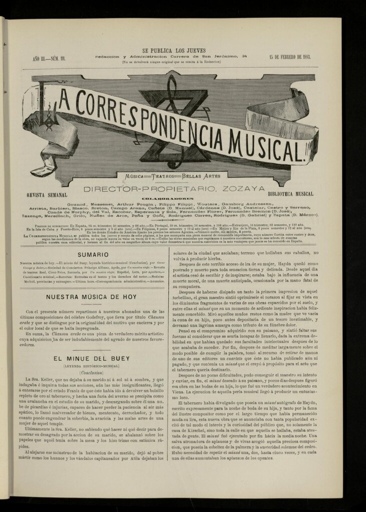 Miniatura de La Correspondencia musical : música, teatros, bellas artes, de 15 de febrero de 1883, nº 111