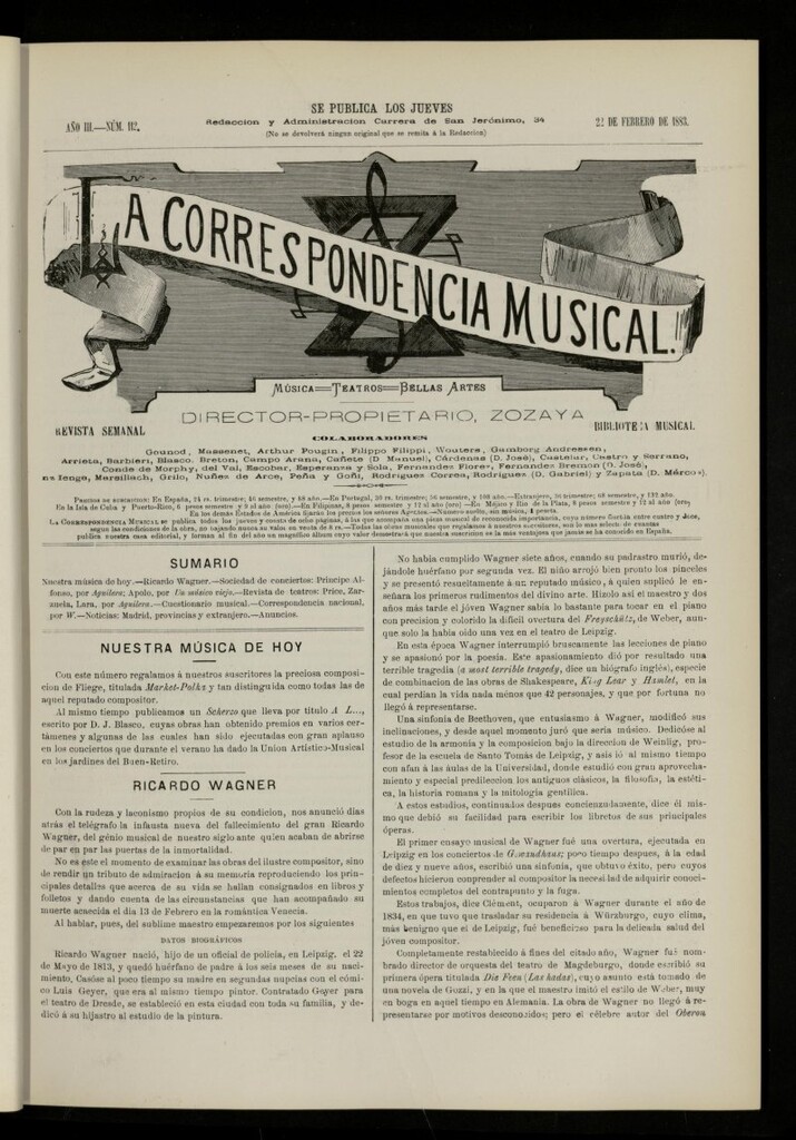 Miniatura de La Correspondencia musical : música, teatros, bellas artes, de 22 de febrero de 1883, nº 112
