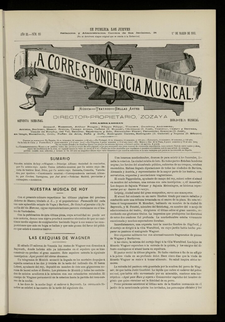 Miniatura de La Correspondencia musical : música, teatros, bellas artes, de 1 de marzo de 1883, nº 113