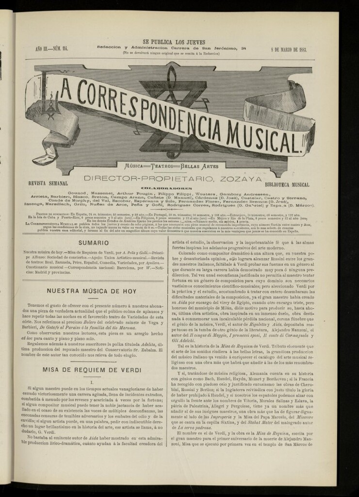 Miniatura de La Correspondencia musical : música, teatros, bellas artes, de 8 de marzo de 1883, nº 114
