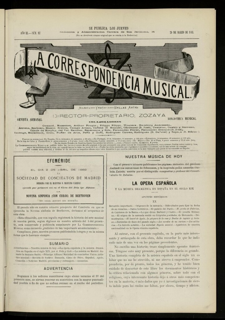 Miniatura de La Correspondencia musical : música, teatros, bellas artes, de 29 de marzo de 1883, nº 117