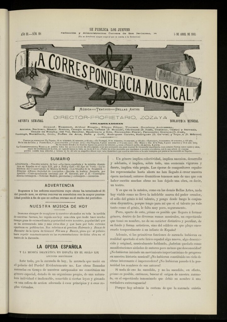 Miniatura de La Correspondencia musical : música, teatros, bellas artes, de 5 de abril de 1883, nº 118