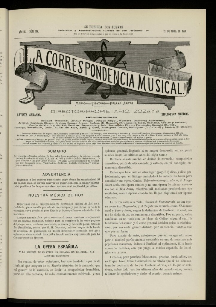 Miniatura de La Correspondencia musical : música, teatros, bellas artes, de 12 de abril de 1883, nº 119