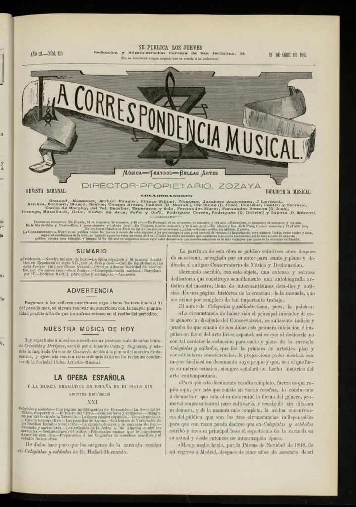 Miniatura de La Correspondencia musical : música, teatros, bellas artes, de 19 de abril de 1883, nº 120