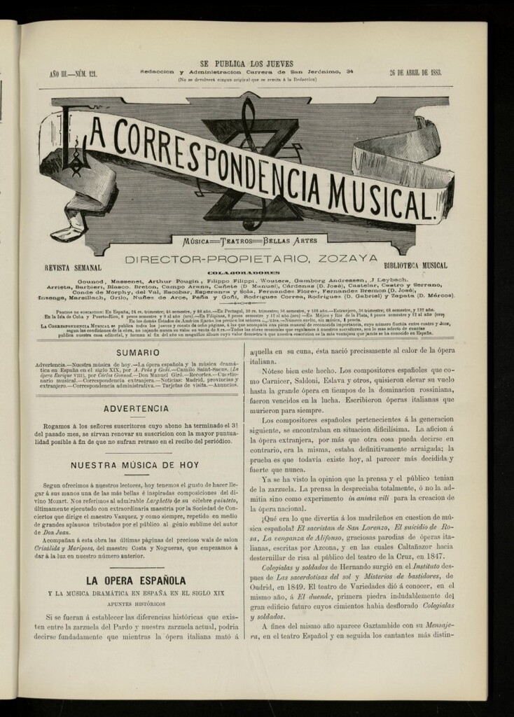 Miniatura de La Correspondencia musical : música, teatros, bellas artes, de 26 de abril de 1883, nº 121