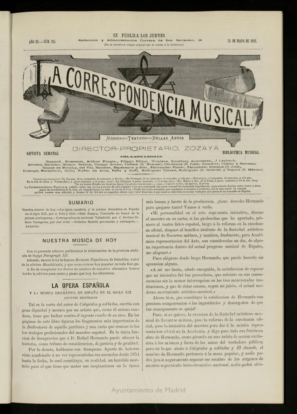 Miniatura de La Correspondencia musical : música, teatros, bellas artes, de 25 de mayo de 1883, nº 125