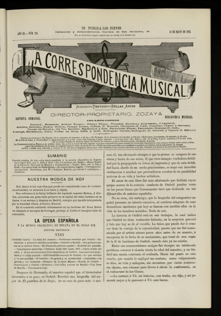 Miniatura de La Correspondencia musical : música, teatros, bellas artes, de 31 de mayo de 1883, nº 126
