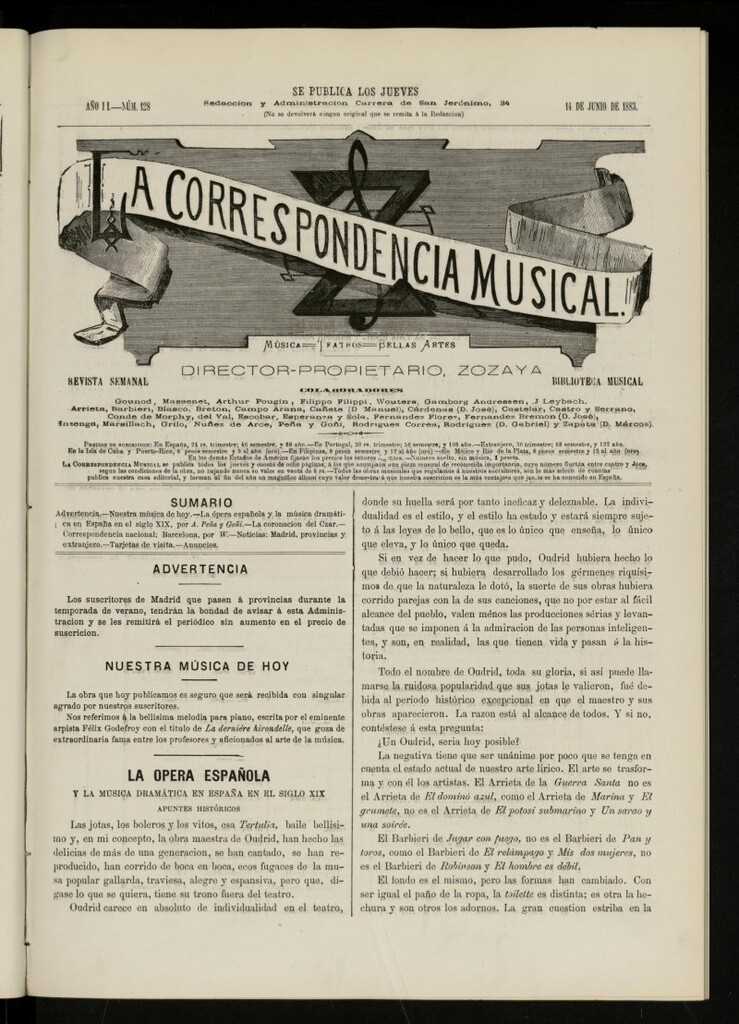 Miniatura de La Correspondencia musical : música, teatros, bellas artes , de 14 de junio de 1883, nº 128