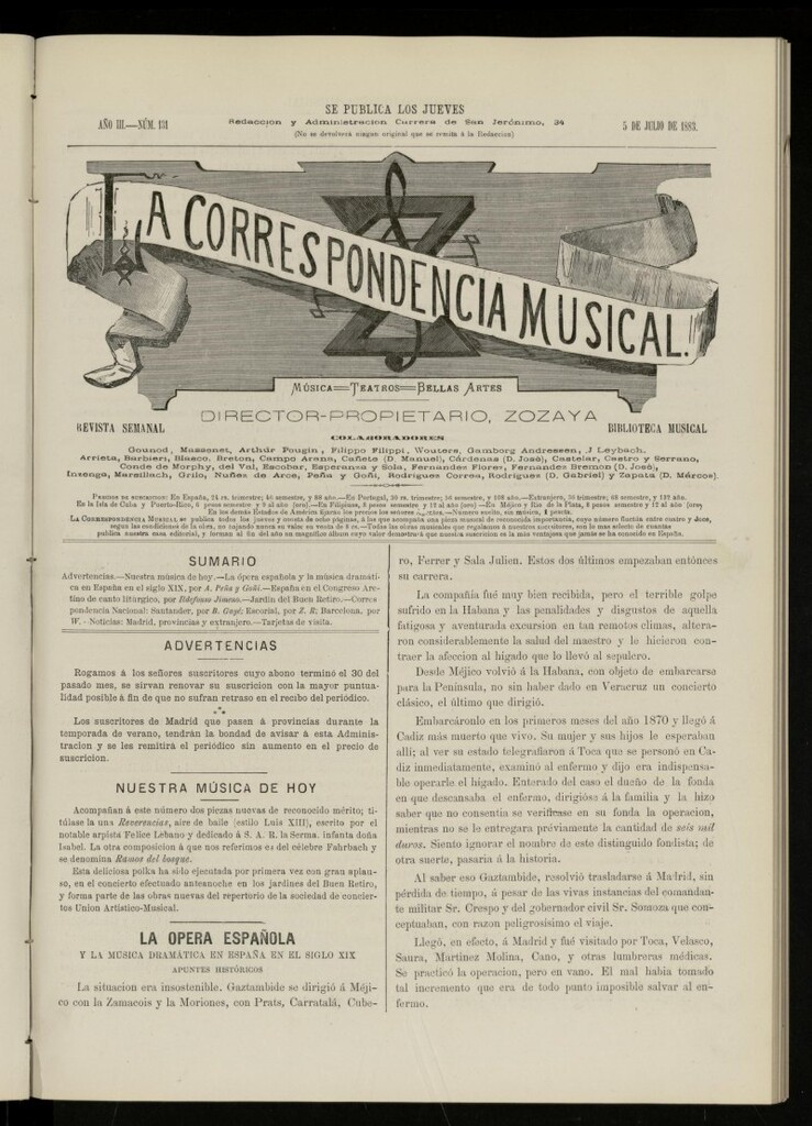 Miniatura de La Correspondencia musical : música, teatros, bellas artes, de 5 de julio de 1883, nº 131