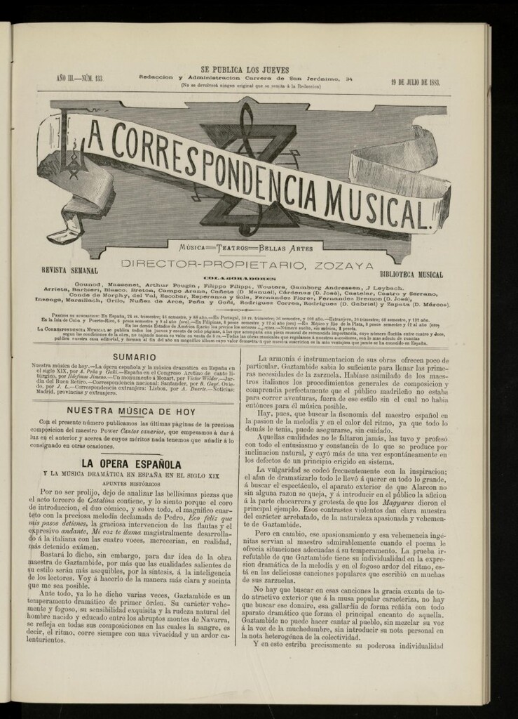 Miniatura de La Correspondencia musical : música, teatros, bellas artes, de 19 de julio de 1883, nº 133