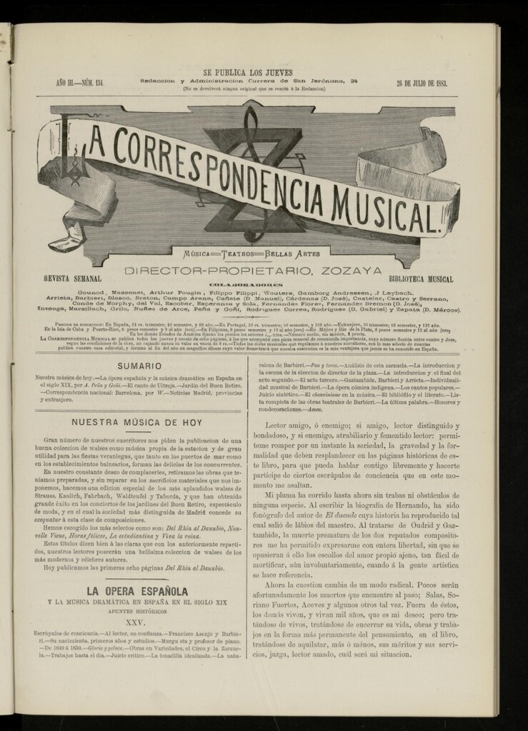 Miniatura de La Correspondencia musical : música, teatros, bellas artes, de 26 de julio de 1883, nº 134