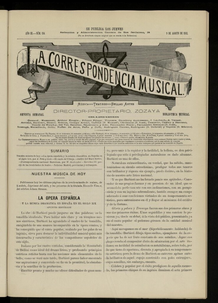 Miniatura de La Correspondencia musical : música, teatros, bellas artes, de 9 de agosto de 1883, nº 136