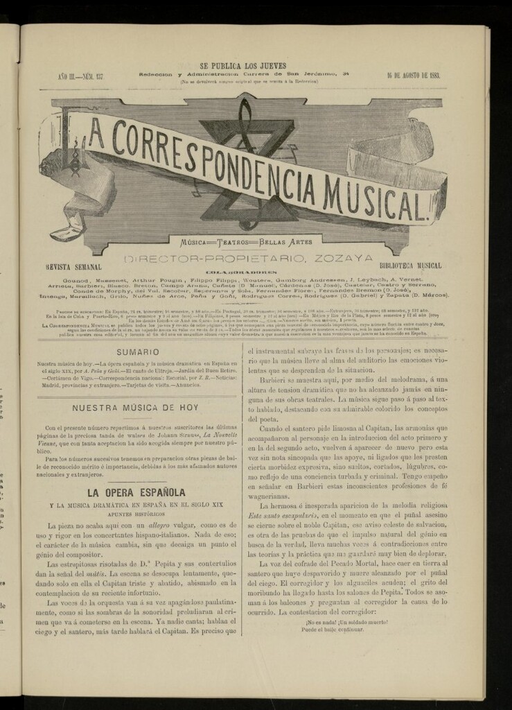 Miniatura de La Correspondencia musical : música, teatros, bellas artes, de 16 de agosto de 1883, nº 137