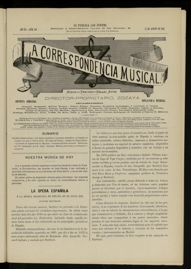 Miniatura de La Correspondencia musical : música, teatros, bellas artes, de 23 de agosto de 1883, nº 138